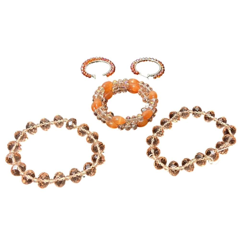 Fashion Beaded Bracelets Set - Orange & Peach Crystal‎ Stretch Bracelets